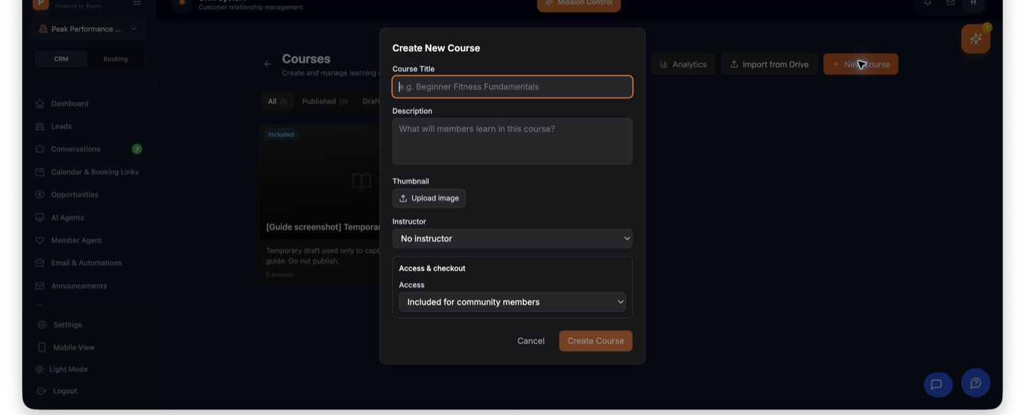 Ravini Create New Course form showing title, description, instructor and access fields