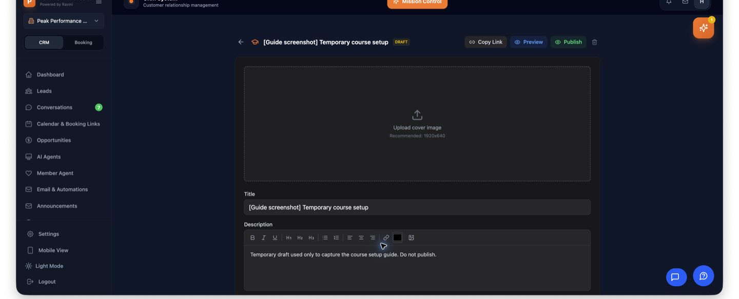 Ravini course editor showing the course title, description and publish controls