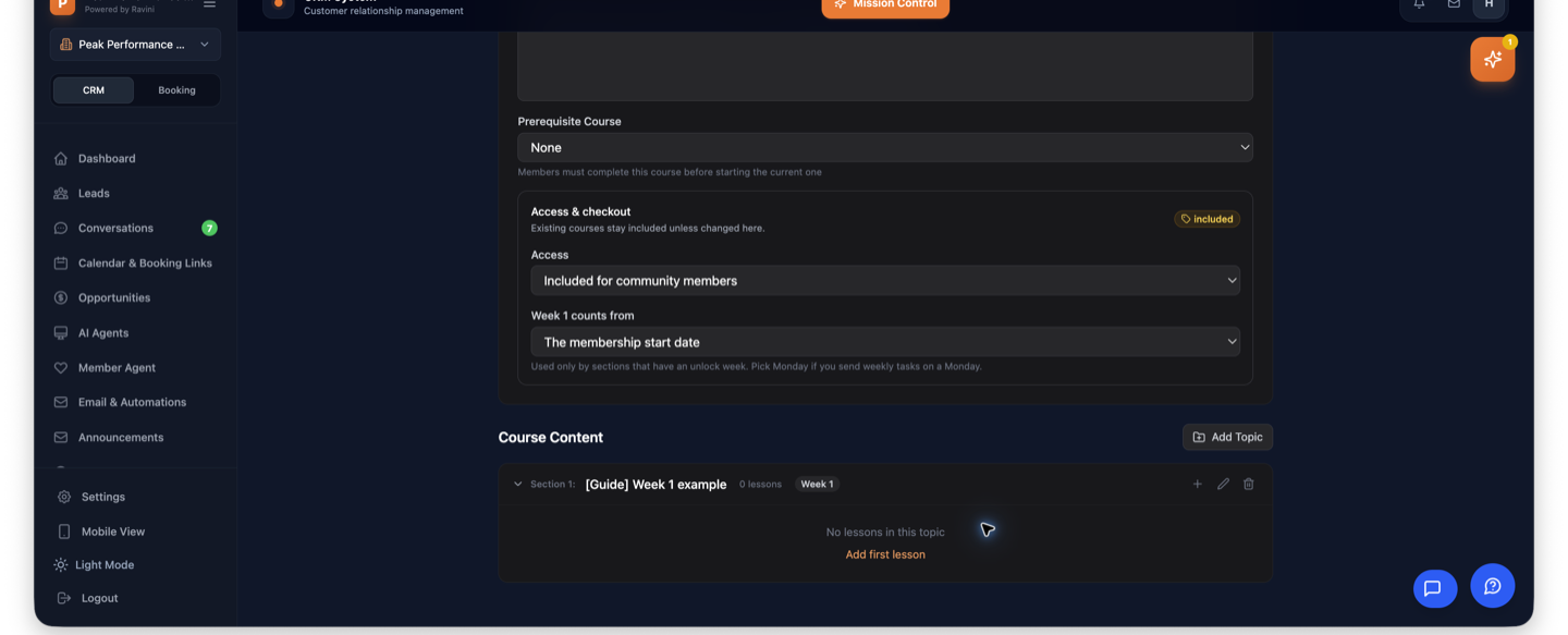 Ravini course editor showing Access and Week 1 counts from settings