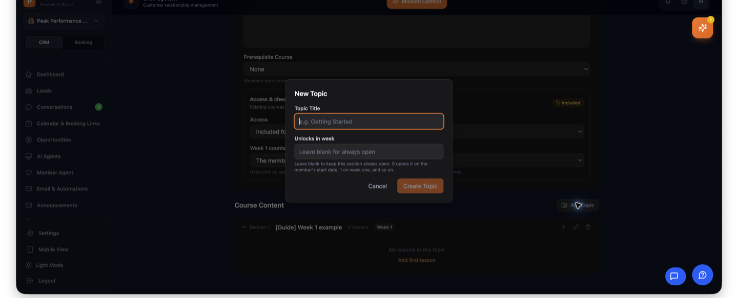 Ravini New Topic form showing Topic Title and Unlocks in week