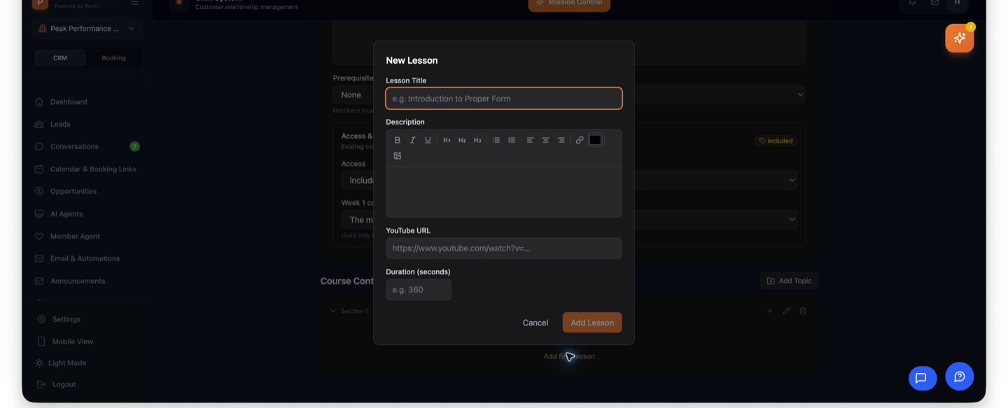 Ravini New Lesson form showing lesson title, description, YouTube URL and duration